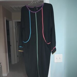 2 pocket black colorful trim dress